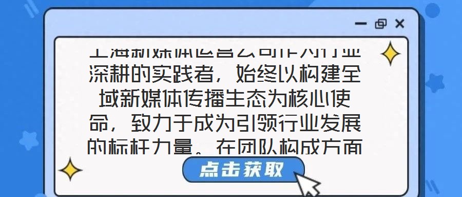 上海新媒體運營公司作為行業深耕的實踐者，始終以構建全域新媒體傳播生態為核心使命，致力于成為引領行業發展的標桿力量。在團隊構成方面，公司匯聚了一批兼具創新思維與實
